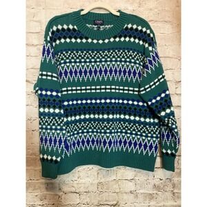 CHAPS Pullover Sweater 1X Kelly Green Fair Isle Colorful Plus Size Cotton Blend